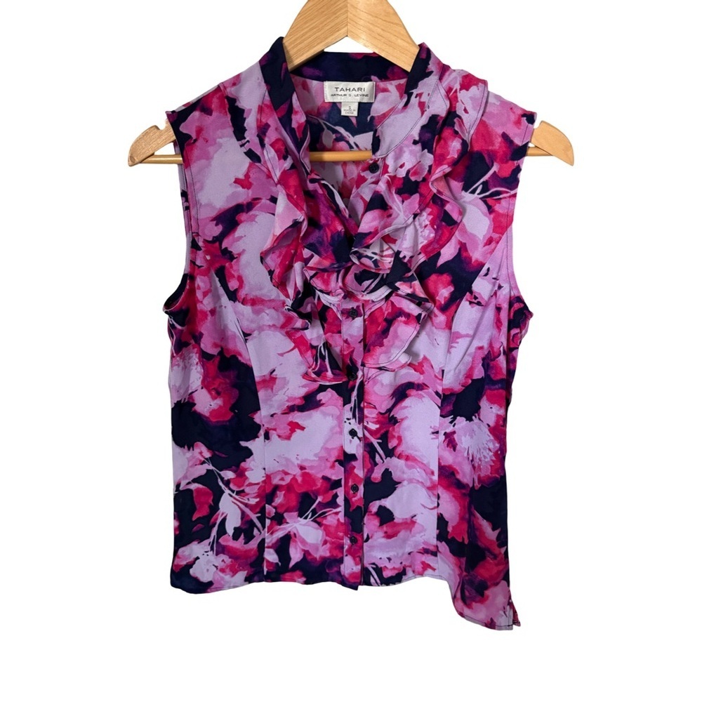 Tahari Arthur S. Levine Navy Ruffle Floral Button Front Blouse NWT Size S